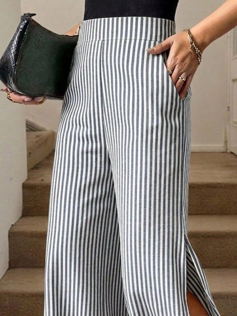 Black And White Casual Women's Striped Long Pants With Pockets And Side Slits